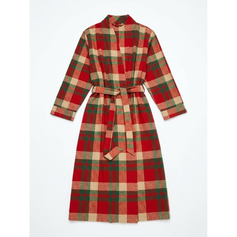 LL Bean Flannel Robe Womens M Red Plaid Cotton Belted Shawl Collar PJ49